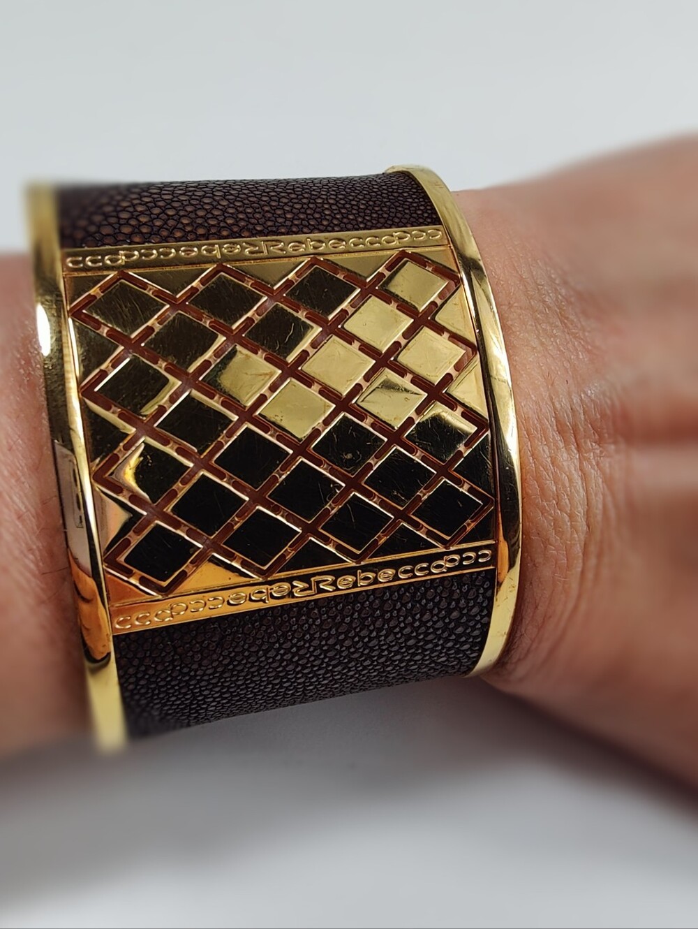 Rebecca Italy Wide Gold Tone Brown Textured Cuff Bracelet Designer Statement